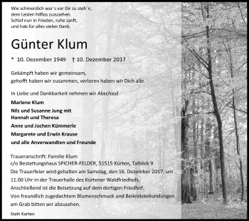 Anzeige von Günter Klum von Kölner Stadt-Anzeiger / Kölnische Rundschau / Express