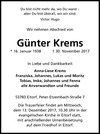 Anzeige von Günter Krems von Kölner Stadt-Anzeiger / Kölnische Rundschau / Express