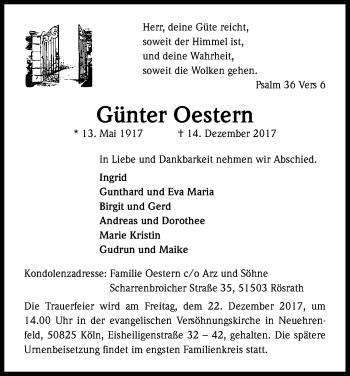 Anzeige von Günter Oestern von Kölner Stadt-Anzeiger / Kölnische Rundschau / Express