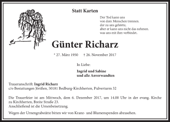 Anzeige von Günter Richarz von  Sonntags-Post 