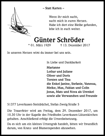 Anzeige von Günter Schröder von Kölner Stadt-Anzeiger / Kölnische Rundschau / Express