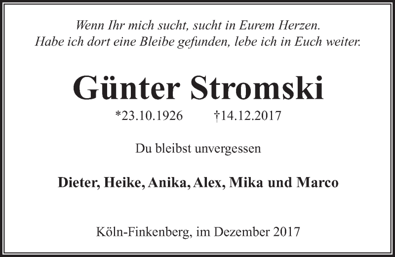  Traueranzeige für Günter Stromski vom 23.12.2017 aus 