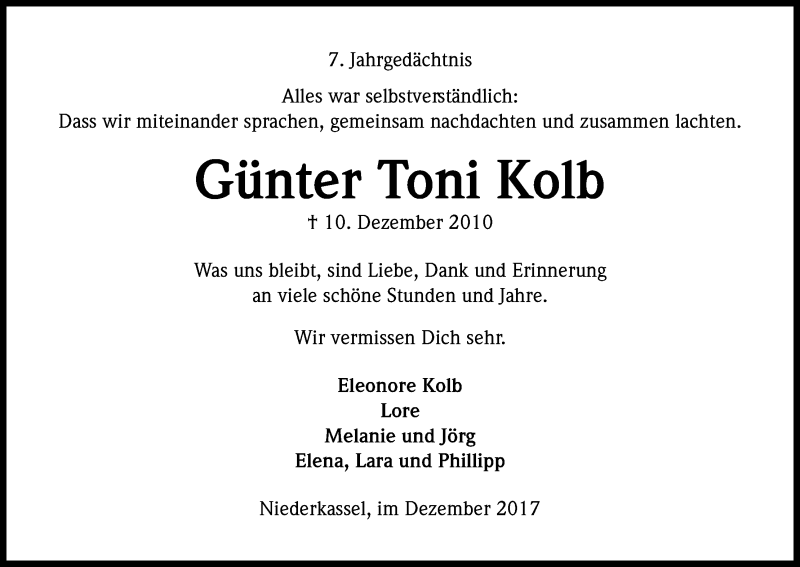  Traueranzeige für Günter Toni Kolb vom 09.12.2017 aus Kölner Stadt-Anzeiger / Kölnische Rundschau / Express