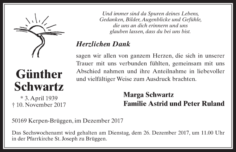 Traueranzeige für Günther Schwartz vom 20.12.2017 aus  Werbepost 