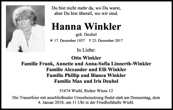 Anzeige von Hanna Winkler von Kölner Stadt-Anzeiger / Kölnische Rundschau / Express