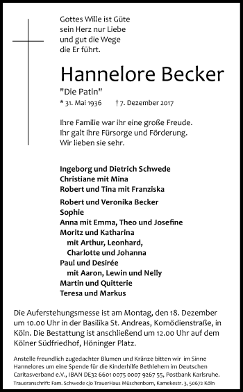 Anzeige von Hannelore Becker von Kölner Stadt-Anzeiger / Kölnische Rundschau / Express