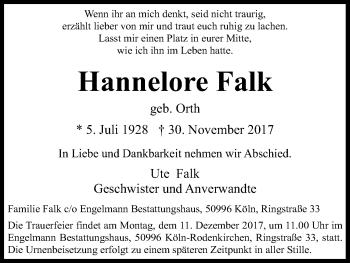 Anzeige von Hannelore Falk von Kölner Stadt-Anzeiger / Kölnische Rundschau / Express