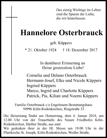 Anzeige von Hannelore Osterbauck von Kölner Stadt-Anzeiger / Kölnische Rundschau / Express