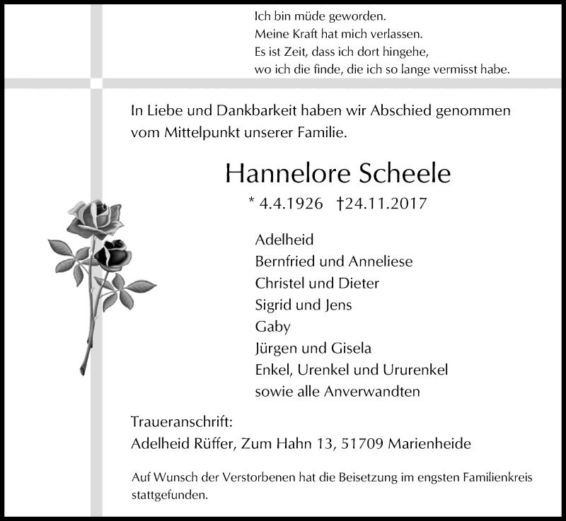  Traueranzeige für Hannelore Scheele vom 08.12.2017 aus Kölner Stadt-Anzeiger / Kölnische Rundschau / Express