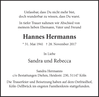 Anzeige von Hannes Hermanns von  Kölner Wochenspiegel 