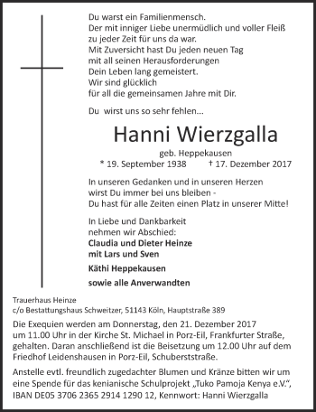 Anzeige von Hanni Wierzgalla von  Kölner Wochenspiegel 
