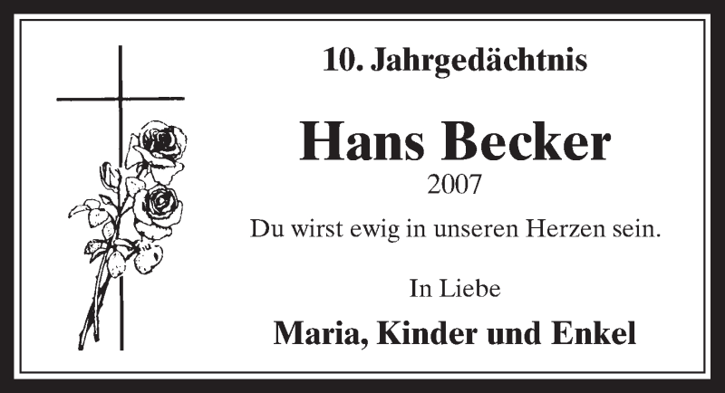  Traueranzeige für Hans Becker vom 09.12.2017 aus  Sonntags-Post 