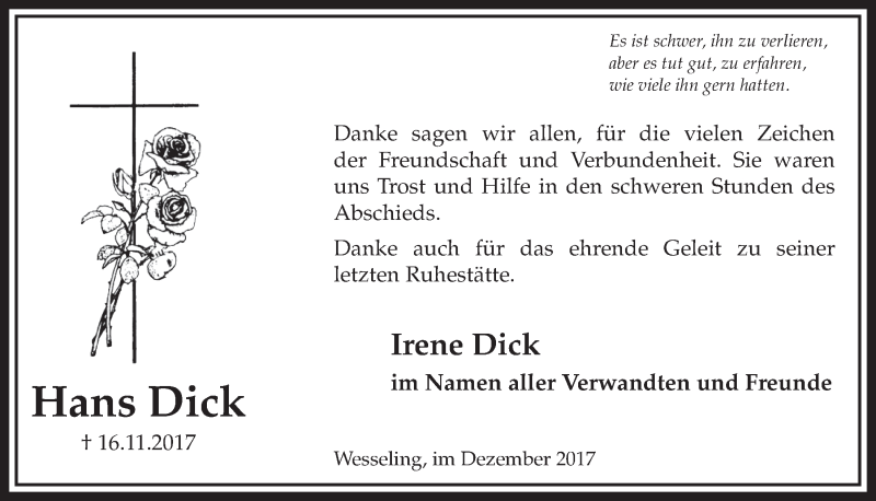  Traueranzeige für Hans Dick vom 20.12.2017 aus  Schlossbote/Werbekurier 