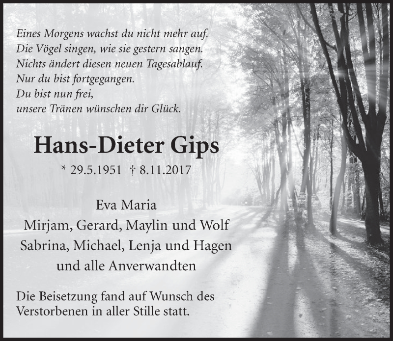  Traueranzeige für Hans-Dieter Gips vom 06.12.2017 aus  Schlossbote/Werbekurier 
