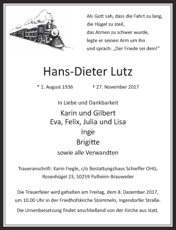 Anzeige von Hans-Dieter Lutz von  Wochenende 