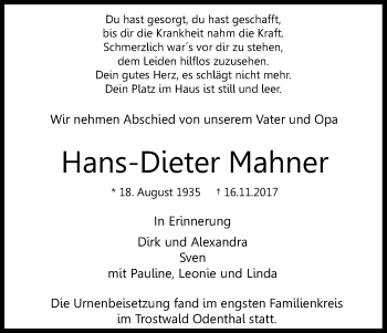 Anzeige von Hans-Dieter Mahner von Kölner Stadt-Anzeiger / Kölnische Rundschau / Express