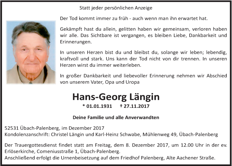  Traueranzeige für Hans-Georg Längin vom 06.12.2017 aus  Extra Blatt 