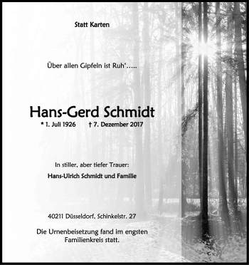 Anzeige von Hans-Gerd Schmidt von Kölner Stadt-Anzeiger / Kölnische Rundschau / Express
