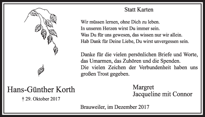  Traueranzeige für Hans-Günther Korth vom 02.12.2017 aus  Sonntags-Post 