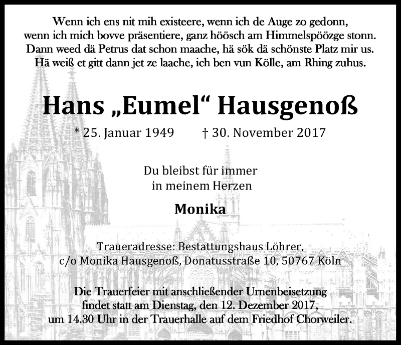  Traueranzeige für Hans Hausgenoß vom 09.12.2017 aus Kölner Stadt-Anzeiger / Kölnische Rundschau / Express
