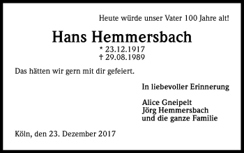 Anzeige von Hans Hemmersbach von Kölner Stadt-Anzeiger / Kölnische Rundschau / Express