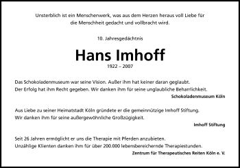 Anzeige von Hans Imhoff von Kölner Stadt-Anzeiger / Kölnische Rundschau / Express