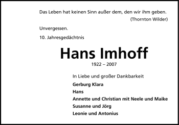 Anzeige von Hans Imhoff von Kölner Stadt-Anzeiger / Kölnische Rundschau / Express
