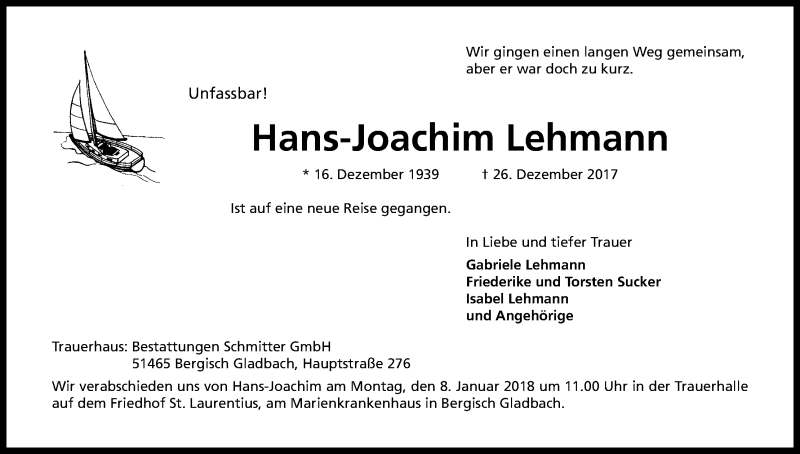  Traueranzeige für Hans-Joachim Lehmann vom 30.12.2017 aus Kölner Stadt-Anzeiger / Kölnische Rundschau / Express