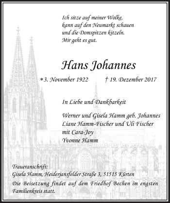 Anzeige von Hans Johannes von  Bergisches Handelsblatt 