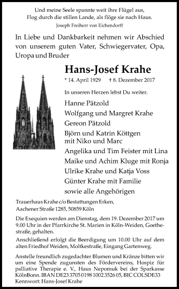 Anzeige von Hans-Josef Krahe von Kölner Stadt-Anzeiger / Kölnische Rundschau / Express