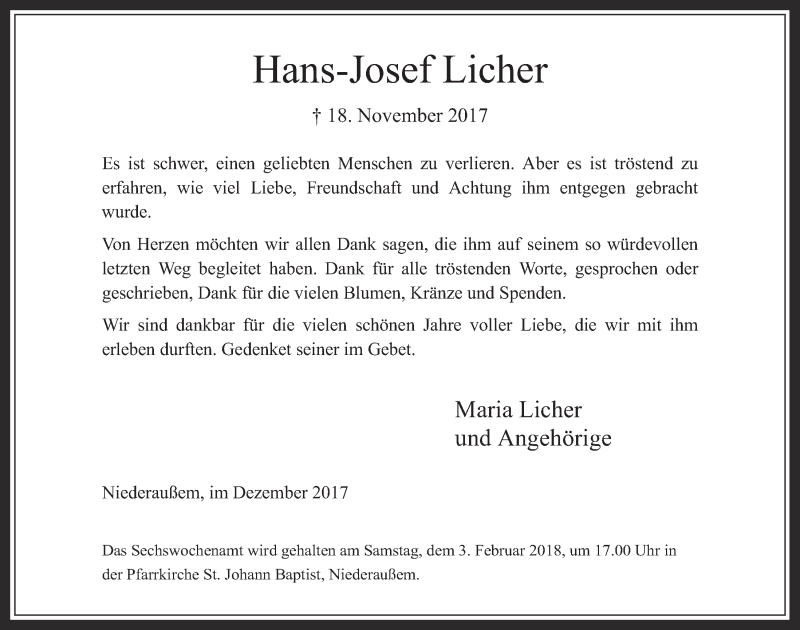  Traueranzeige für Hans-Josef Licher vom 20.12.2017 aus  Werbepost 