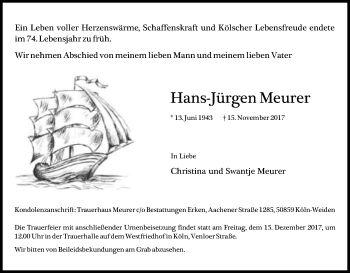 Anzeige von Hans-Jürgen Meurer von Kölner Stadt-Anzeiger / Kölnische Rundschau / Express