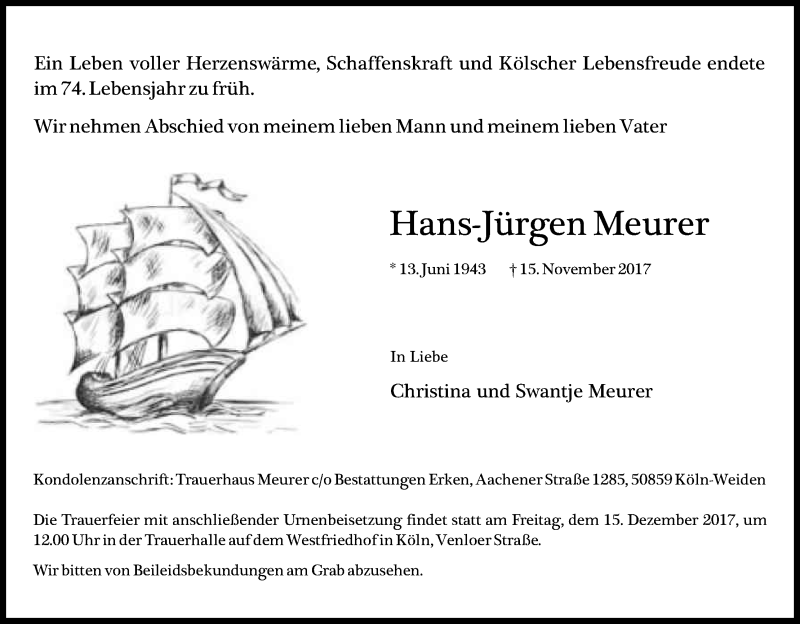  Traueranzeige für Hans-Jürgen Meurer vom 09.12.2017 aus Kölner Stadt-Anzeiger / Kölnische Rundschau / Express