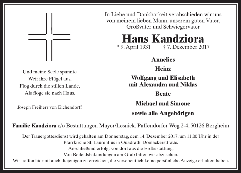  Traueranzeige für Hans Kandziora vom 13.12.2017 aus  Werbepost 