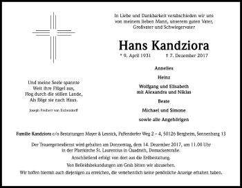 Anzeige von Hans Kandziora von Kölner Stadt-Anzeiger / Kölnische Rundschau / Express