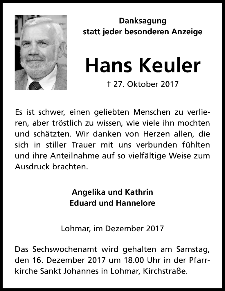  Traueranzeige für Hans Keuler vom 02.12.2017 aus Kölner Stadt-Anzeiger / Kölnische Rundschau / Express