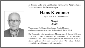 Anzeige von Hans Klemmer von Kölner Stadt-Anzeiger / Kölnische Rundschau / Express