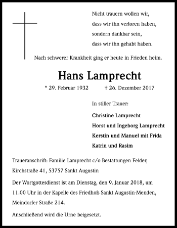 Anzeige von Hans Lamprecht von Kölner Stadt-Anzeiger / Kölnische Rundschau / Express