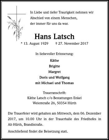 Anzeige von Hans Latsch von Kölner Stadt-Anzeiger / Kölnische Rundschau / Express