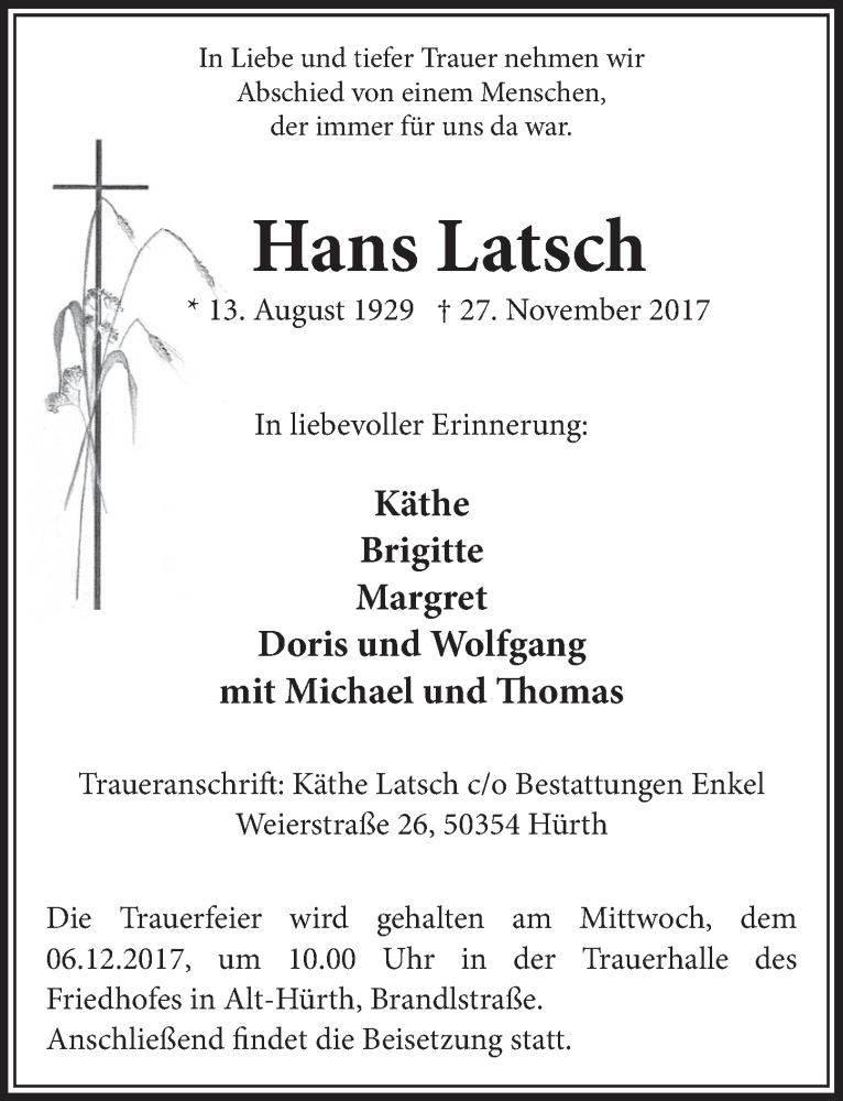  Traueranzeige für Hans Latsch vom 02.12.2017 aus  Sonntags-Post 