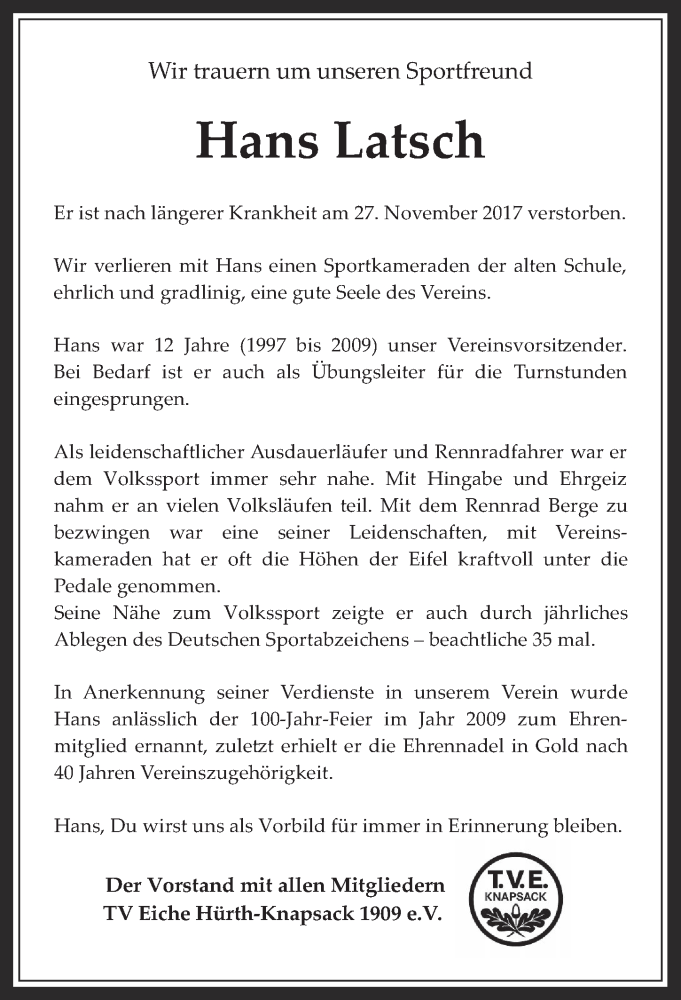  Traueranzeige für Hans Latsch vom 13.12.2017 aus  Wochenende 