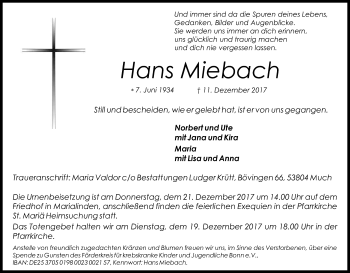 Anzeige von Hans Miebach von Kölner Stadt-Anzeiger / Kölnische Rundschau / Express