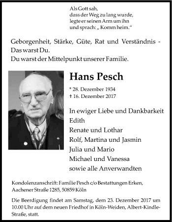 Anzeige von Hans Pesch von Kölner Stadt-Anzeiger / Kölnische Rundschau / Express