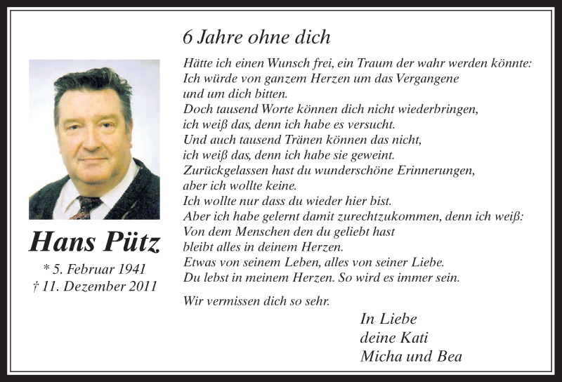  Traueranzeige für Hans Pütz vom 13.12.2017 aus  Wochenende 