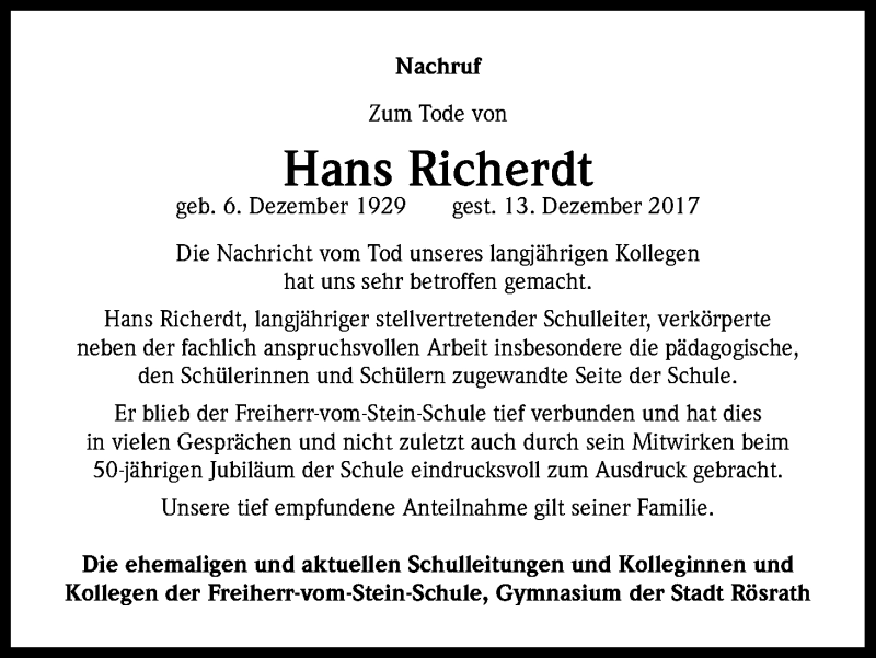  Traueranzeige für Hans Richerdt vom 23.12.2017 aus Kölner Stadt-Anzeiger / Kölnische Rundschau / Express