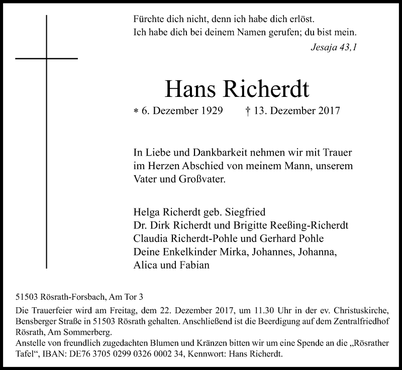  Traueranzeige für Hans Richerdt vom 16.12.2017 aus Kölner Stadt-Anzeiger / Kölnische Rundschau / Express