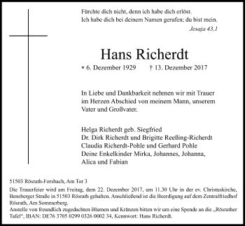 Anzeige von Hans Richerdt von Kölner Stadt-Anzeiger / Kölnische Rundschau / Express
