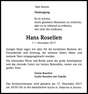 Anzeige von Hans Rosellen von Kölner Stadt-Anzeiger / Kölnische Rundschau / Express