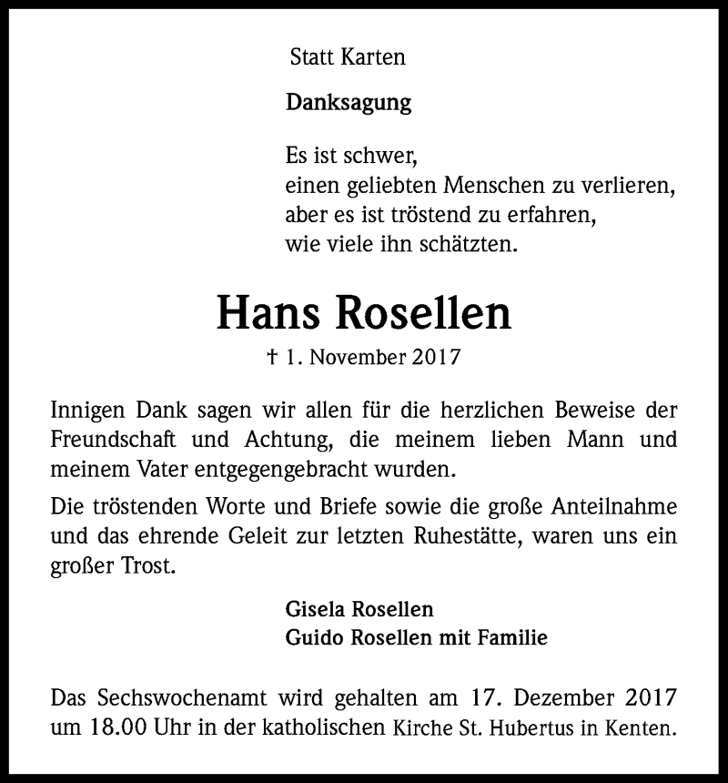  Traueranzeige für Hans Rosellen vom 09.12.2017 aus Kölner Stadt-Anzeiger / Kölnische Rundschau / Express