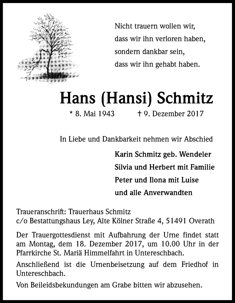  Traueranzeige für Hans  Schmitz vom 13.12.2017 aus Kölner Stadt-Anzeiger / Kölnische Rundschau / Express